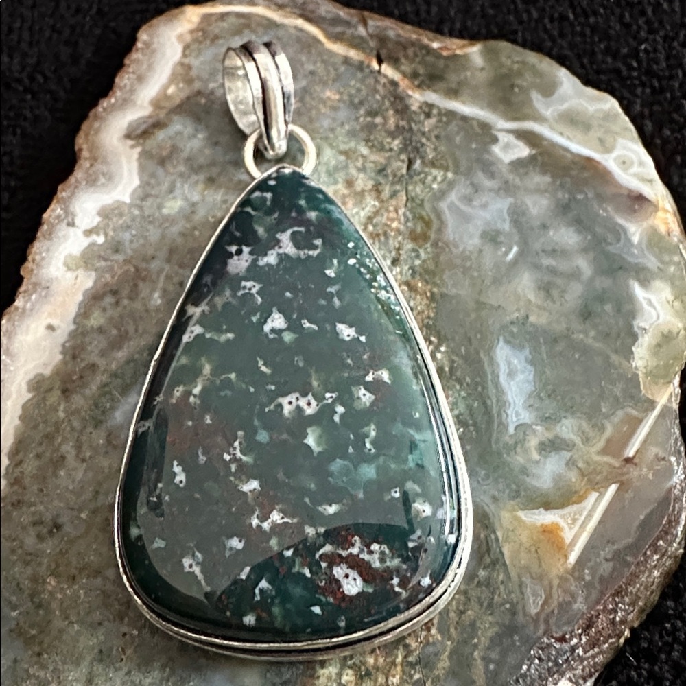 Artisan Hand Crafted Green Bloodstone Teardrop Pendant in Polished Silver Bezel